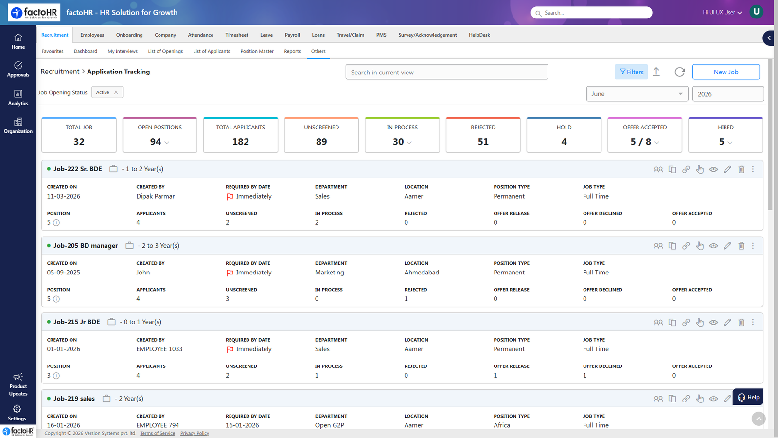 factoHR India recruitment and ATS dashboard