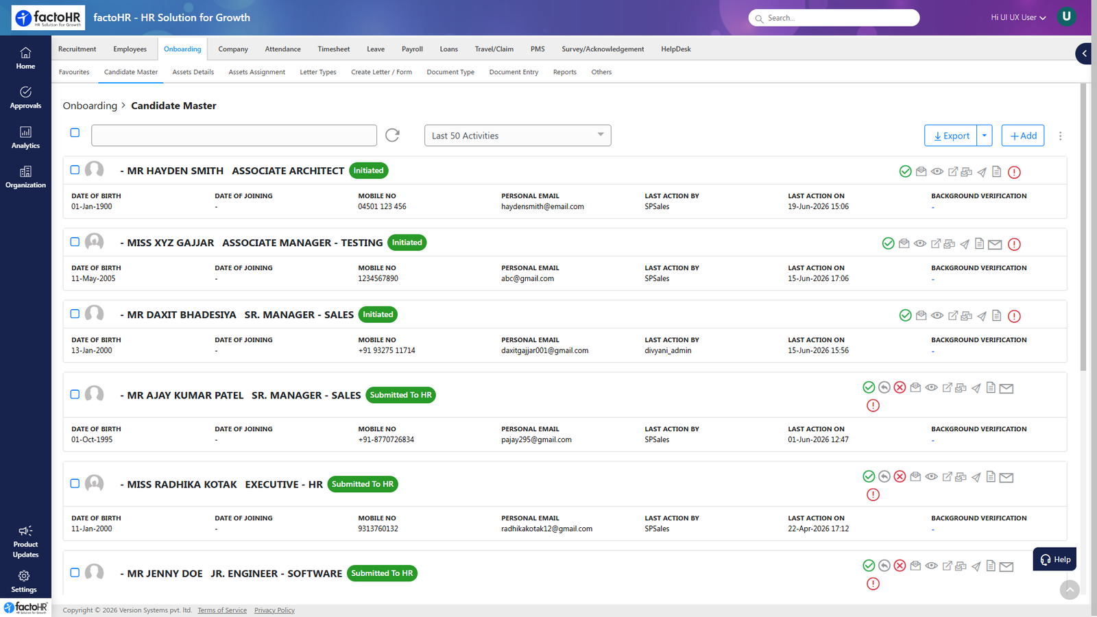 factoHR India employee onboarding dashboard