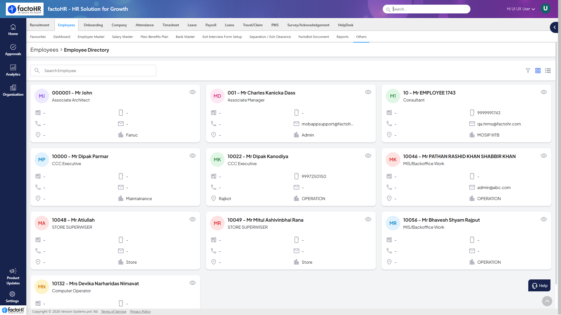 Core HR employee directory dashboard in India