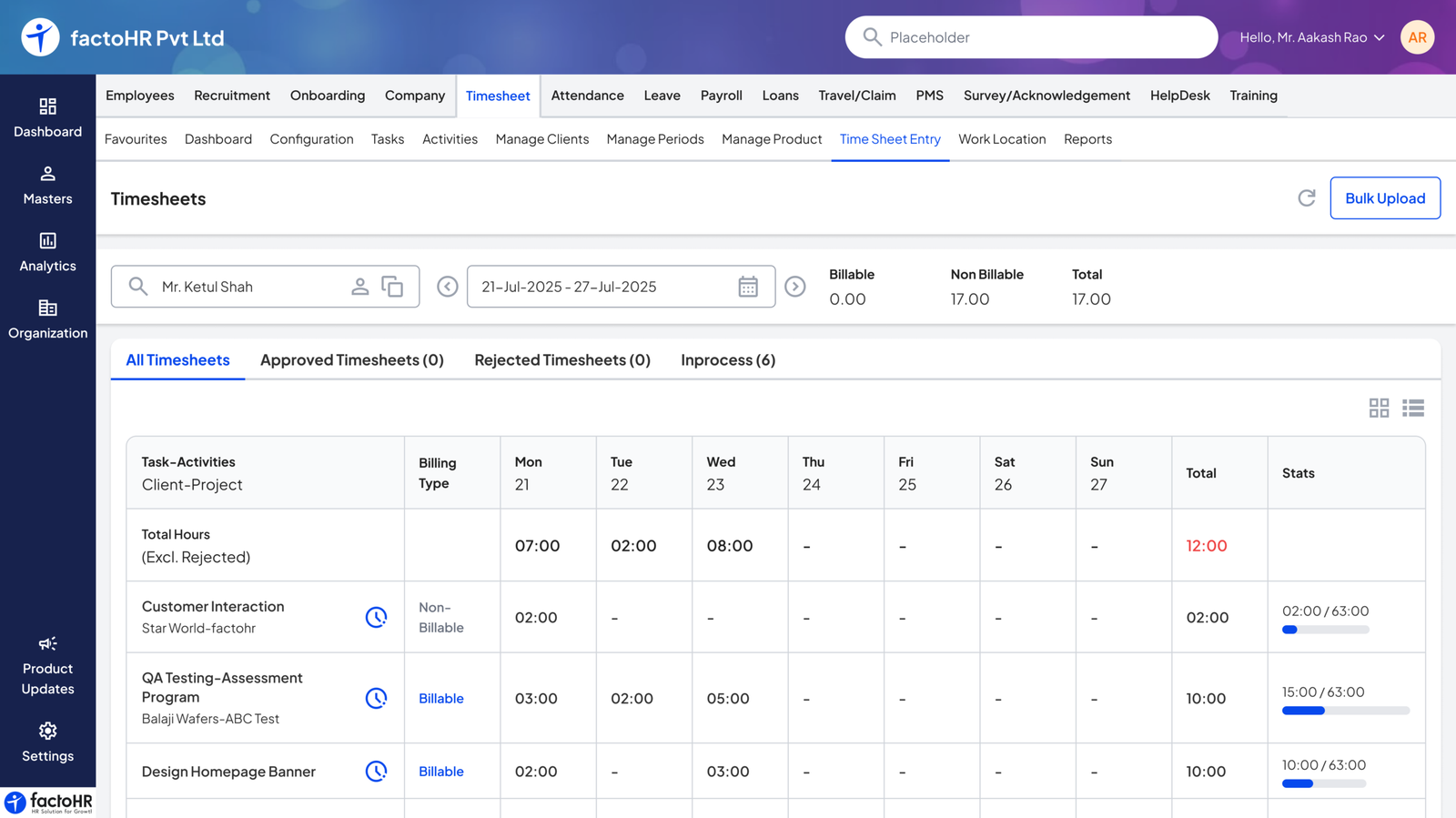 factoHR India timesheet management dashboard