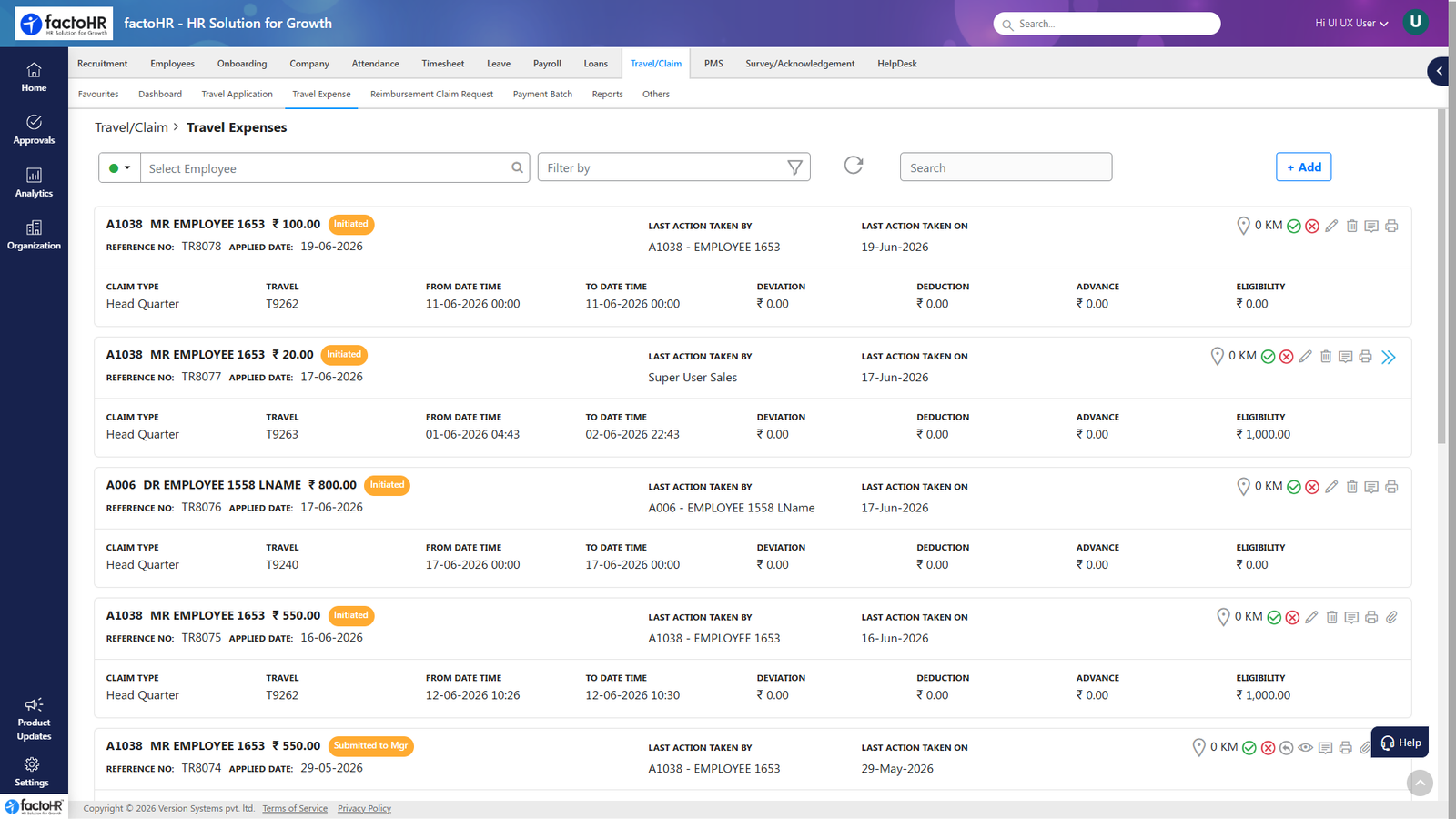 factoHR India expense and travel claim dashboard